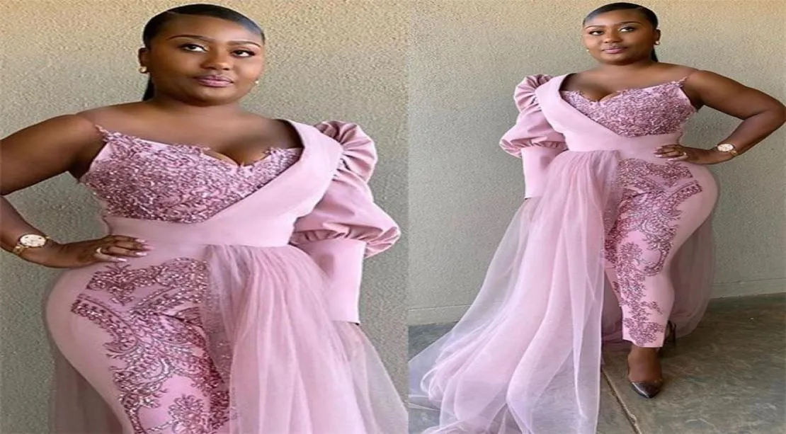 Pink Jumpsuits Prom -klänningar med löstagbar kjol Afrikansk spets Appliced ​​Sequined Evening Dress Plus Size Party Party Party Gow8396391
