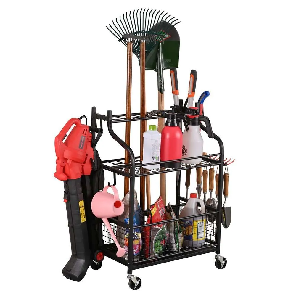 Snail Storage Organizer with Wheels Stand Holder for Garage Lawn Outdoor, Steel Racks to Store Yard Long Rakes, Brooms, Mops and Buckets, Garden Tool Rolling