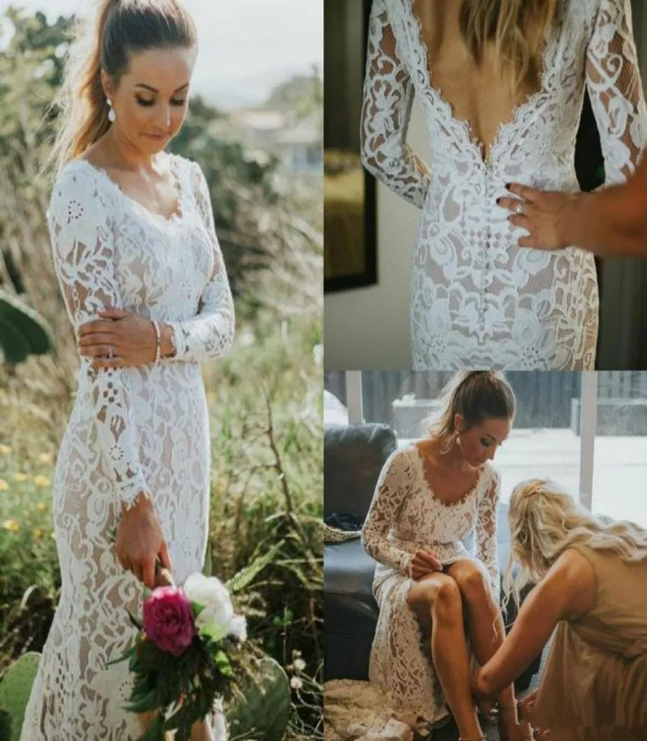 Underbara sjöjungfrun full spetsbröllopsklänningar elegant v hals rygglösa brudklänningar bohemian plus size country långärmad bröllop dre1271885