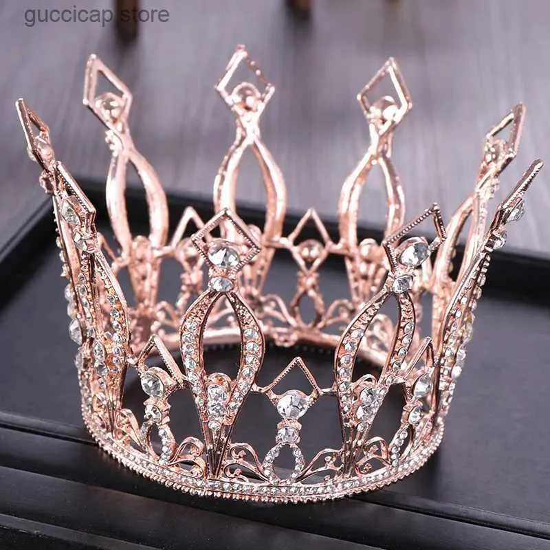 Tiaras Trendy Rose Gold Round Rhinestone Crystal Crown Wedding Tiara Crown Bridal Hair Accessories Crown Party Wedding Headwear Gift Y240320