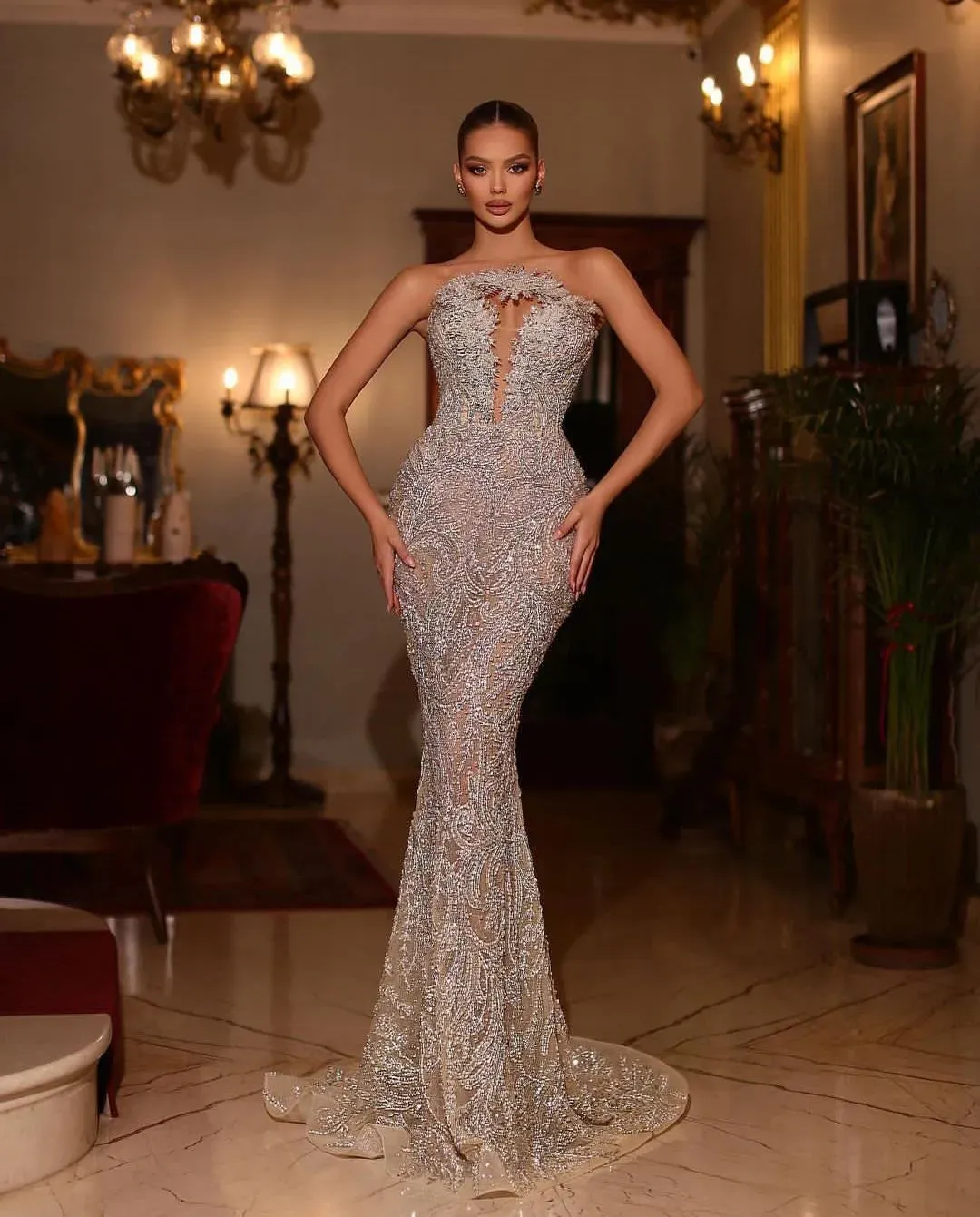Luxury Mermaid Evening Dresses Sleeveless V Neck Beaded Exquisite Appliques Sequins Floor Length Celebrity 3D Lace Hollow Formal Prom Dresses Gowns Party Dress