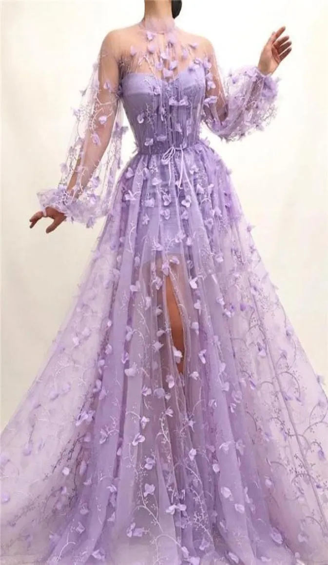 2020 SEXY ALINE PROM DRESSS LILAC 3D Flowers Applices Long Sleeves Evening Clown Cheap Plus Size African Formal Party Dress BC395985886