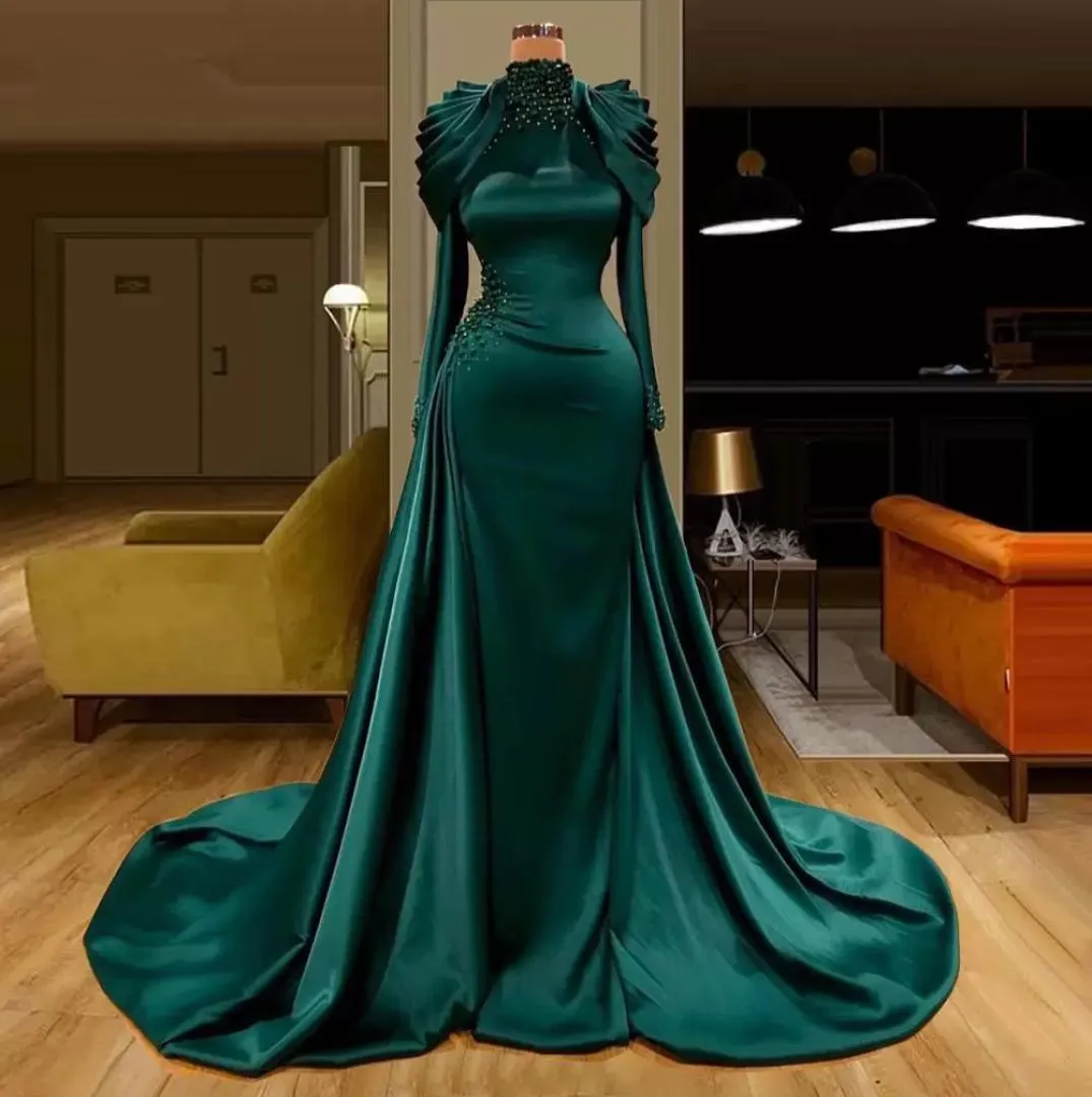 Hunter Green Muslim Arabic Evening Dresses Mermaid 2022 Luxury Crystal Pearls High Neck Long Sleeve Pärled Prom Gowns CG0017456702