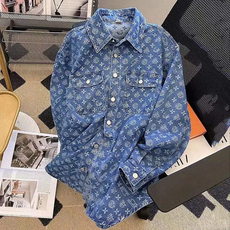 Camisa jeans azul jaqueta feminina solta 2024 primavera e outono novo design sentido versão coreana do coringa jacquard top