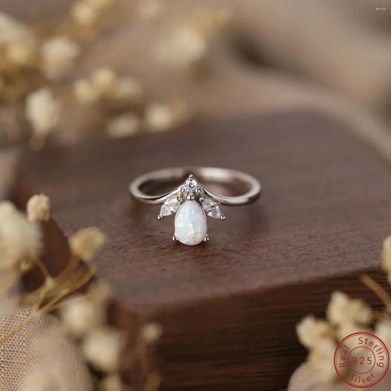 Cluster Rings 2024 S925 Sterling Silver Ring Water Droplet White Opal With Cubic Zircon Women's Wedding Fine Jewelry Gift