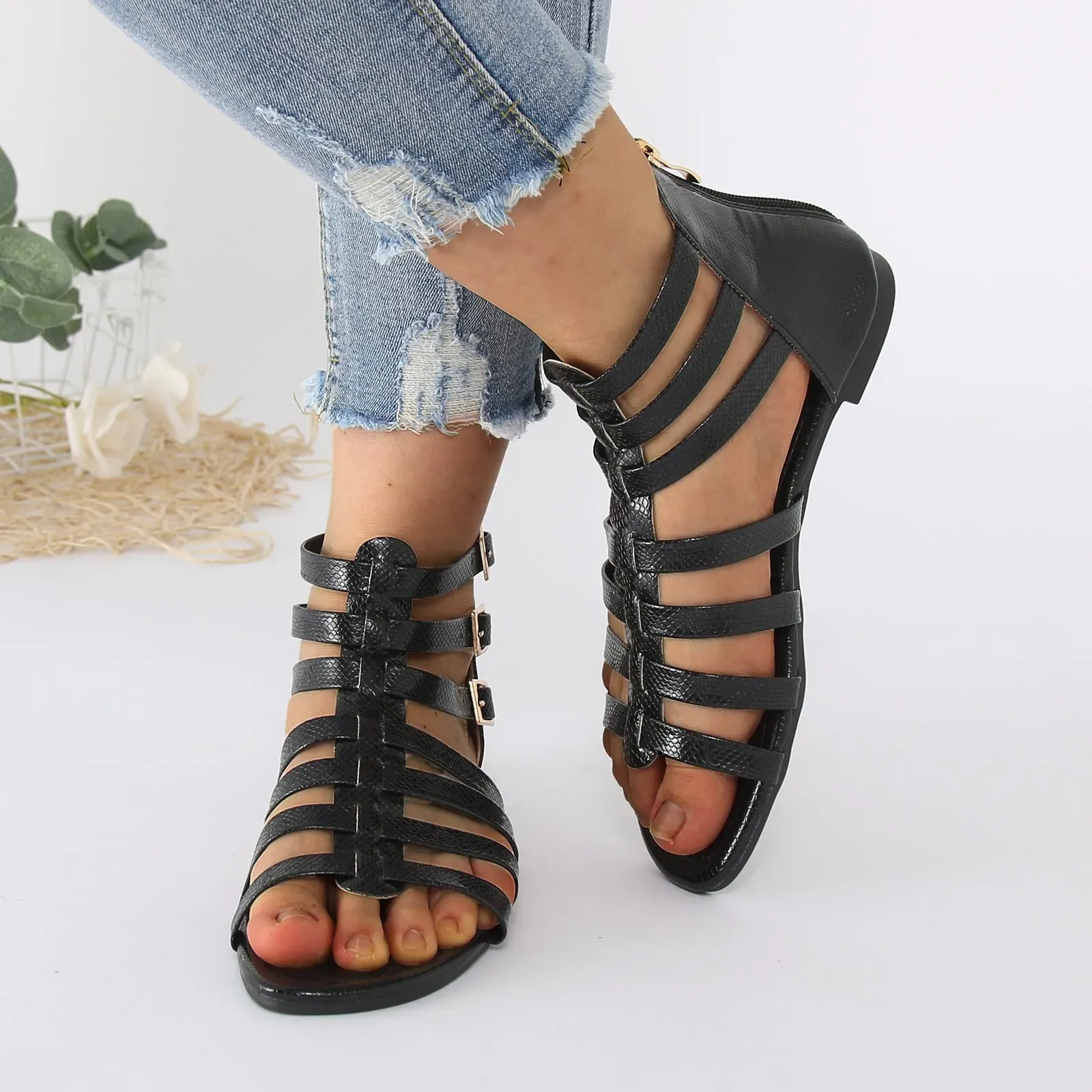 Sandals Women Shoes Rome Sandals Bohemian Style Shoes Zip Up Back Medium Length Heel Outdoor Shoes Platform Sandals Outdoor Heels Shoes