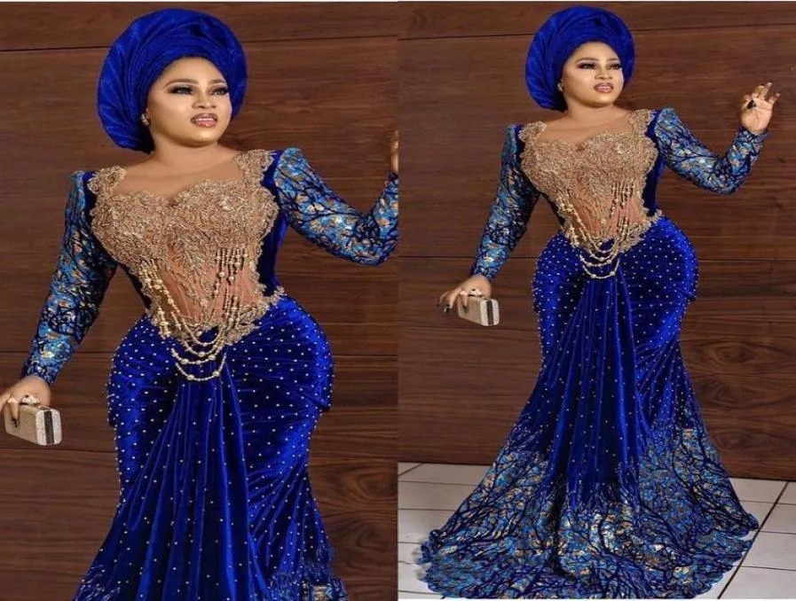 2022 Plus Size Arabo Aso Ebi Lussuoso Mermiad Abiti da ballo sexy Sheer Neck Velluto Sera Formale Festa Abiti di seconda ricezione Dr8419128