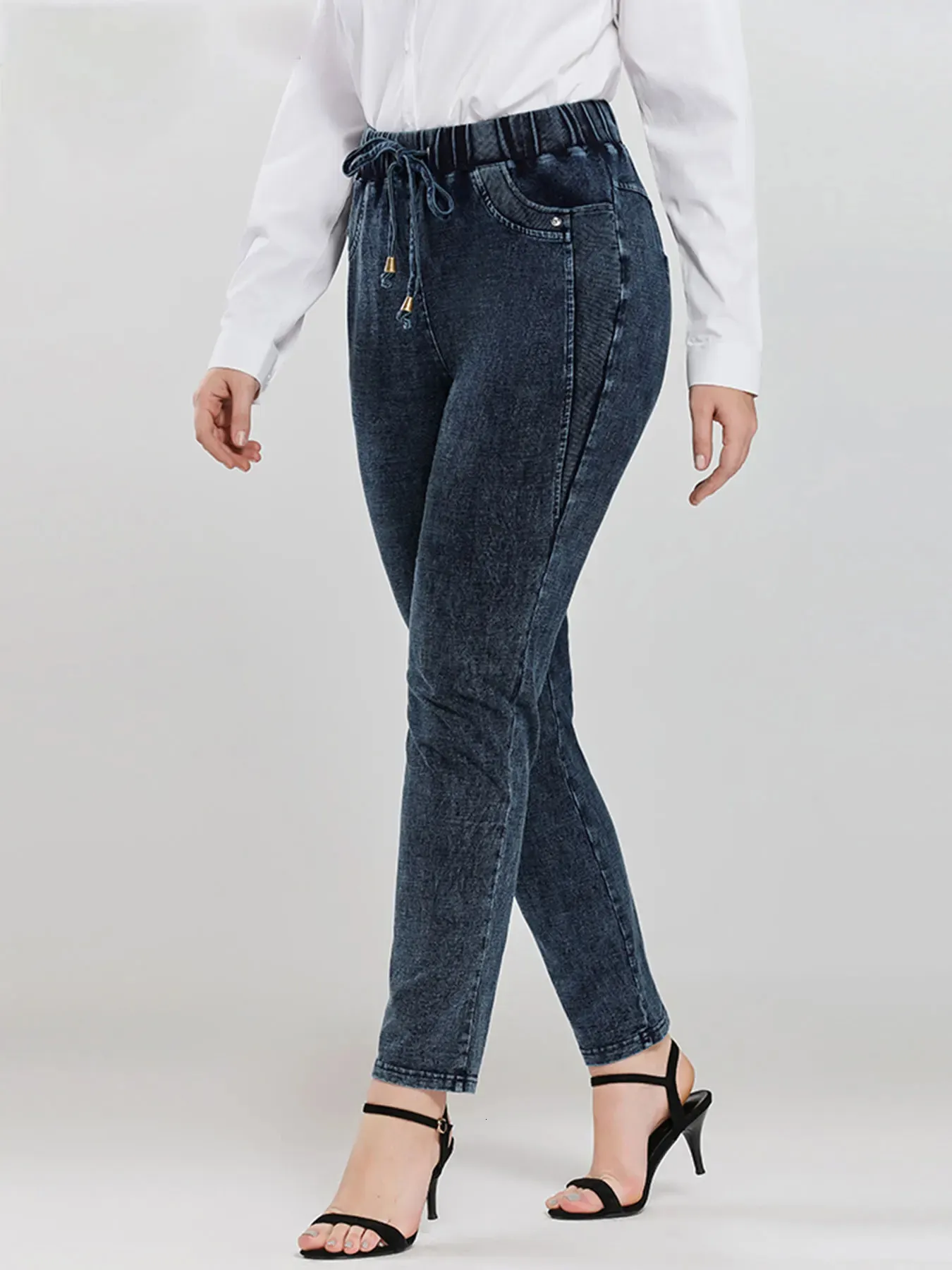 LIH HUA femmes grande taille jean automne Chic élégant jean pour femmes potelées coton tricoté jean 240315