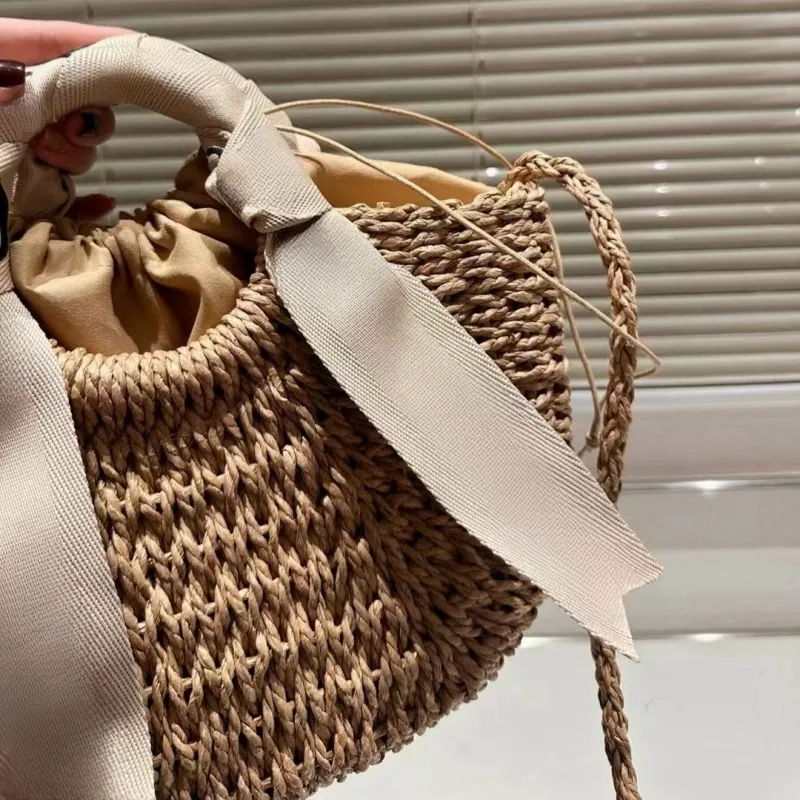 designer New straw woven cabbage basket handbag leather shoulder strap beach bag suitable for summer seaside with large capacity three size available