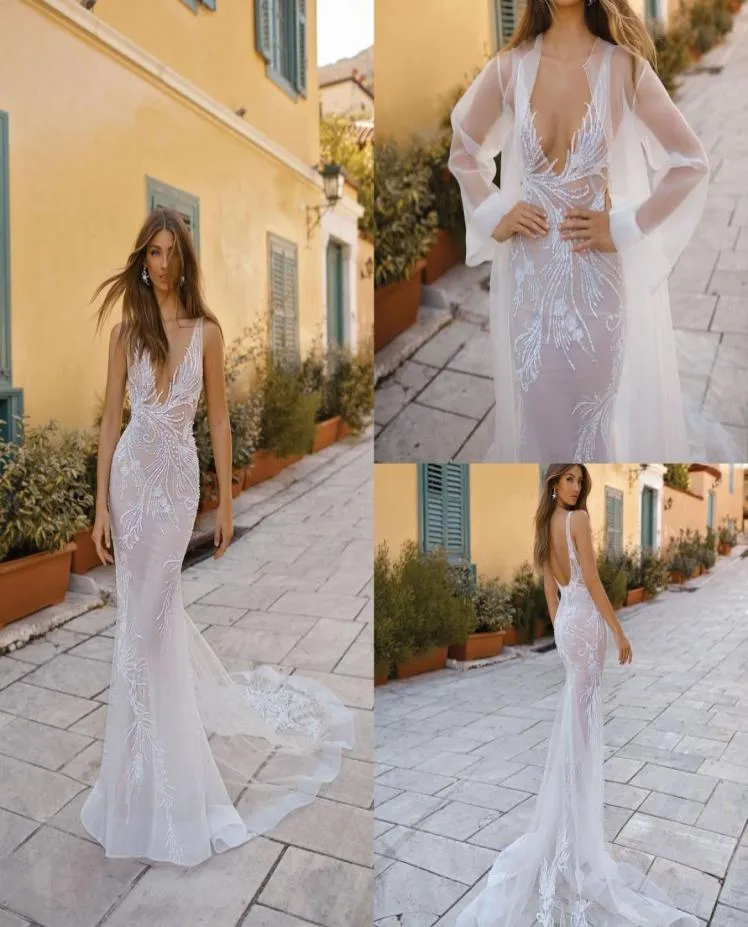 Magnifique sirène Berta 2019 Robes de mariée en dentelle avec enveloppe sexy V coude plage perle plage boho vestidos de noiva robe de mariée Bridal go9513912