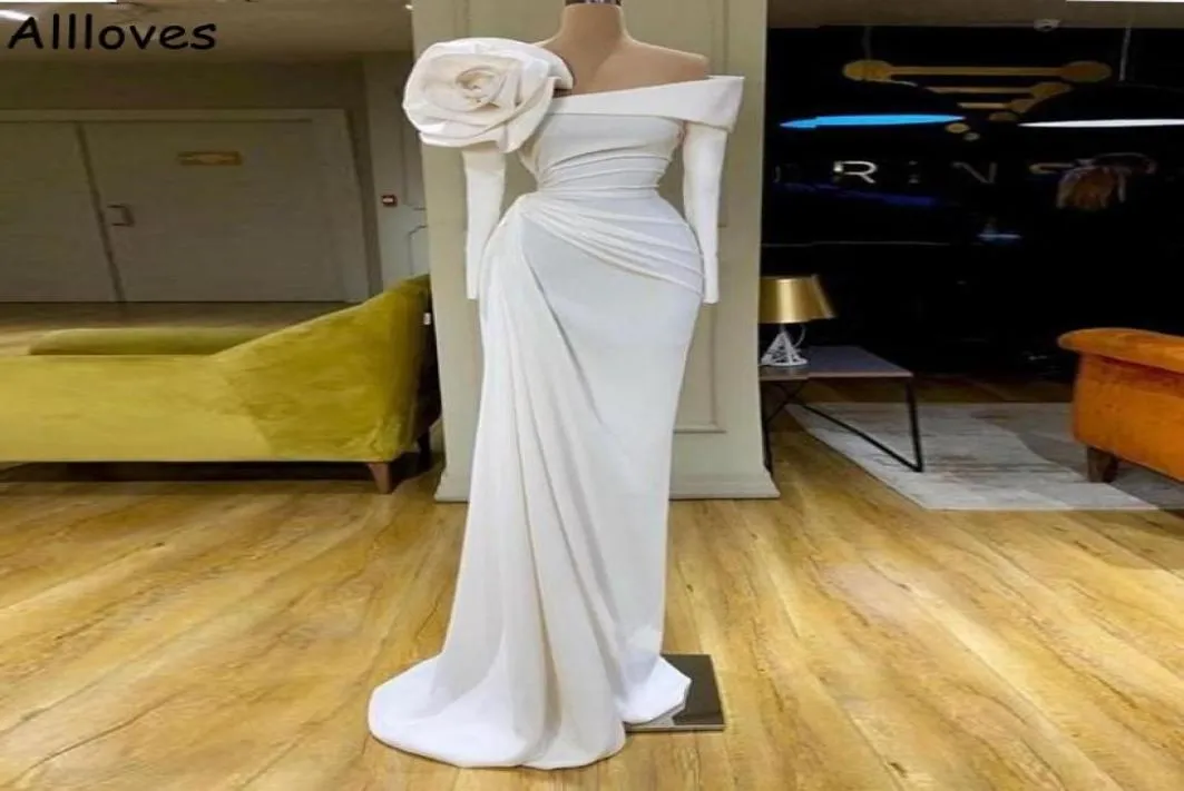 Modest White Satin Prom Dresses With Ruffles Flower Long Sleeves Simple Evening Party Gowns Pleats Sweep Train Arabic Aso Ebi Spec8314272