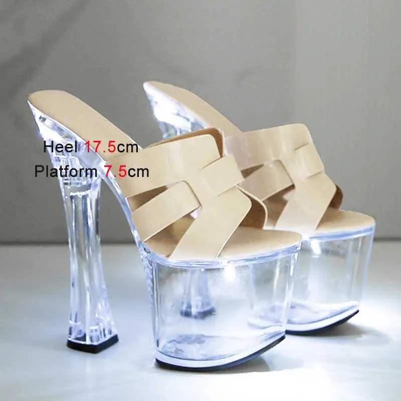 Dress Shoes 17.5CM Nightclub Luminous High Heels Crystal Soles LED Light-up Sandals Womens Pumps Summer Catwalk Slippers Pole Dance43GU H240321