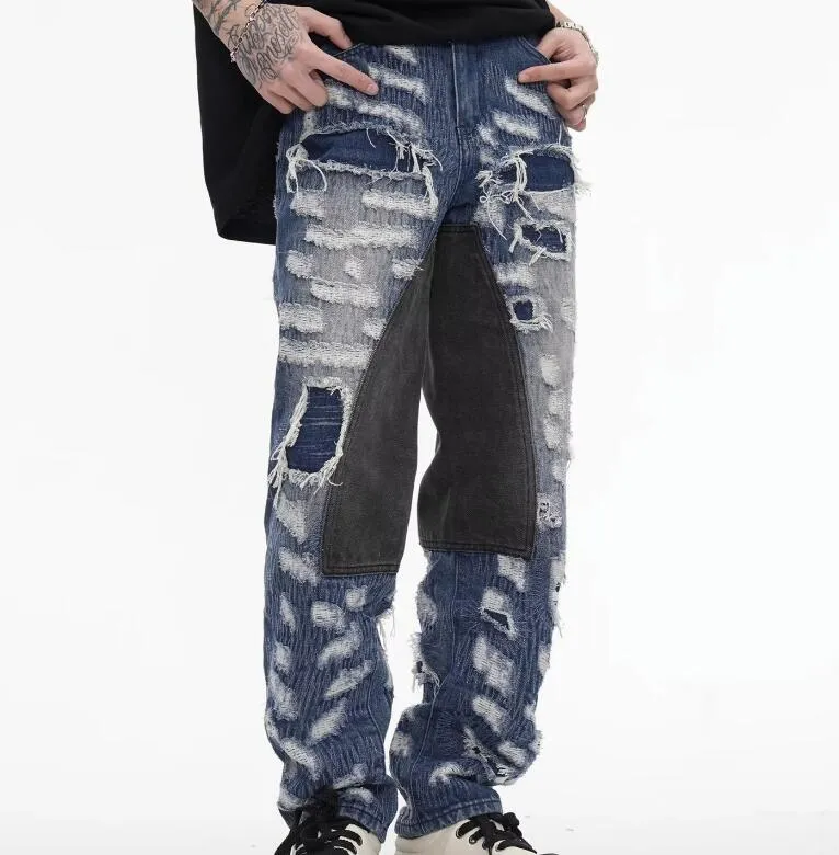 High Street-pantalones vaqueros desgastados para hombre, ajustados, bordados, de retales, rasgados, con parches, lavado