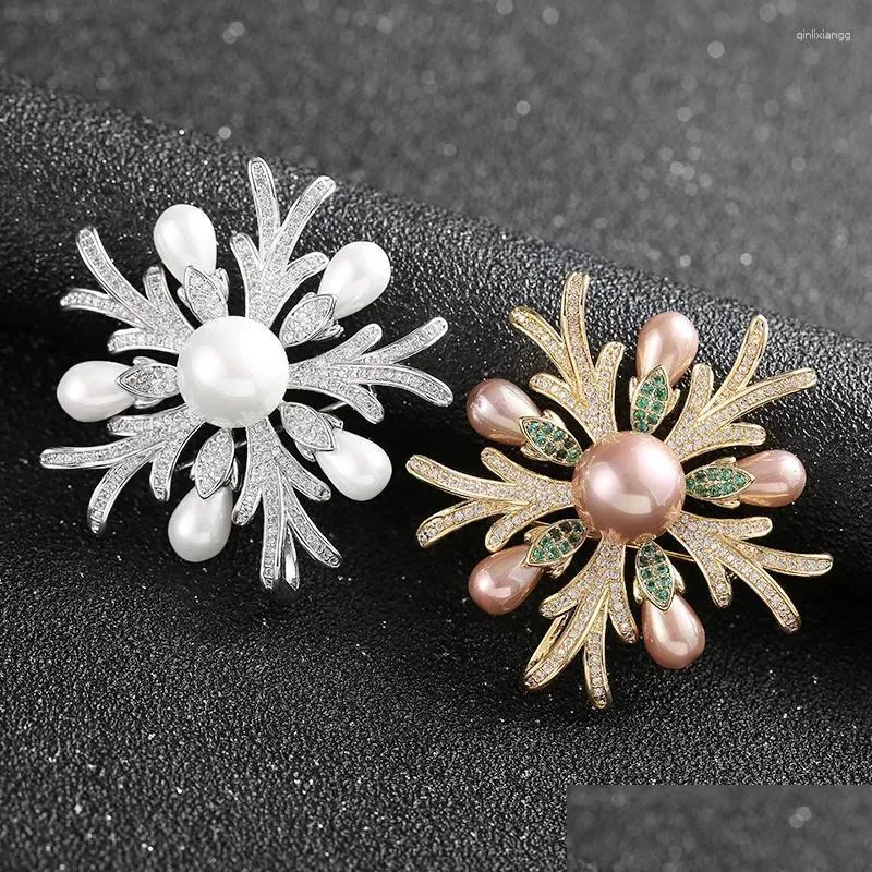 Pins Brooches Novelty Luxury Zircon Pearl Coral Copper Cor Dazzling Flower Brass Lapel For Women Girls Dress Party Jewelry Drop Deli Dhtz1