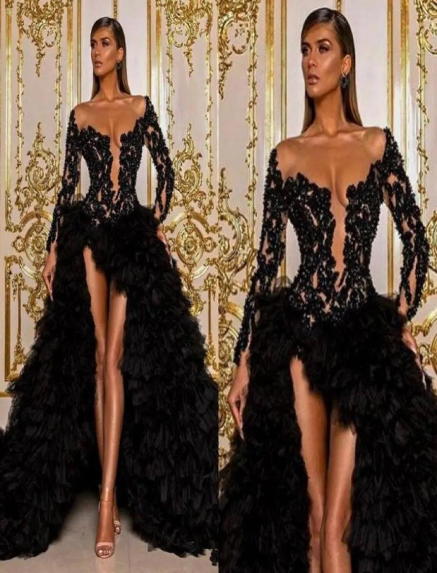 2020 noir arabe Aso Ebi robes de bal à manches longues en dentelle perlée haute basse célébrité robes de soirée Illusion volants fête formelle Dres2086780