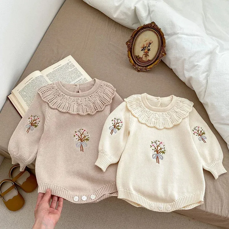 MILANCEL Осенняя одежда для маленьких девочек, боди для малышей, тонкий вязаный свитер с вышивкой, комбинезон 240318