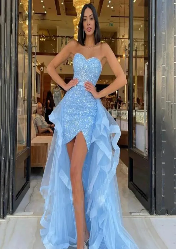 Sky Blue Sequin Prom Dresses with Ruffles Detachable Train Mini Skirt Cocktail Party Gown Sweetheart Sheath Short Evening Gowns5348704