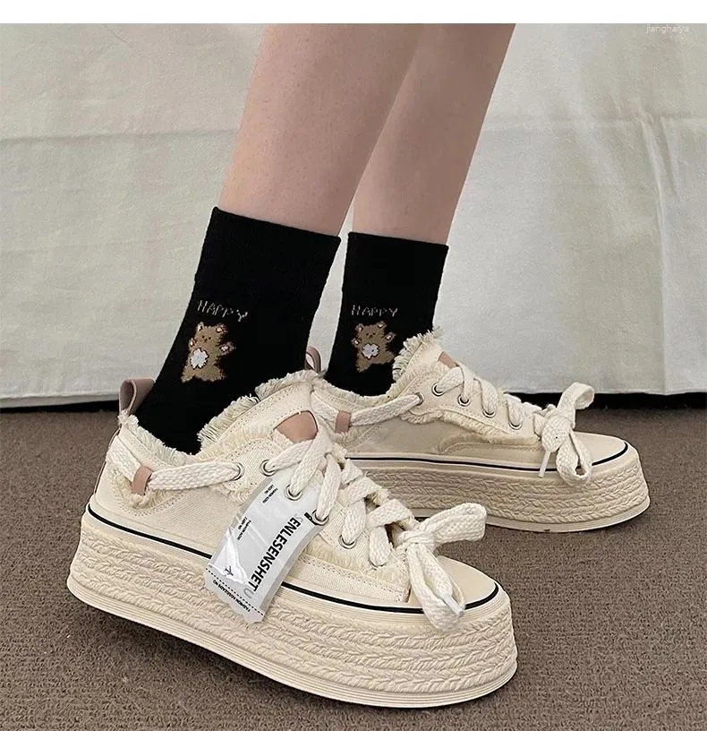 Casual Shoes Spring Frayed Old Canvas Sneaker Women's Autumn Vulcanized Girls Stacked Med Heel Trainers Woman Tassel Platform Sneakers