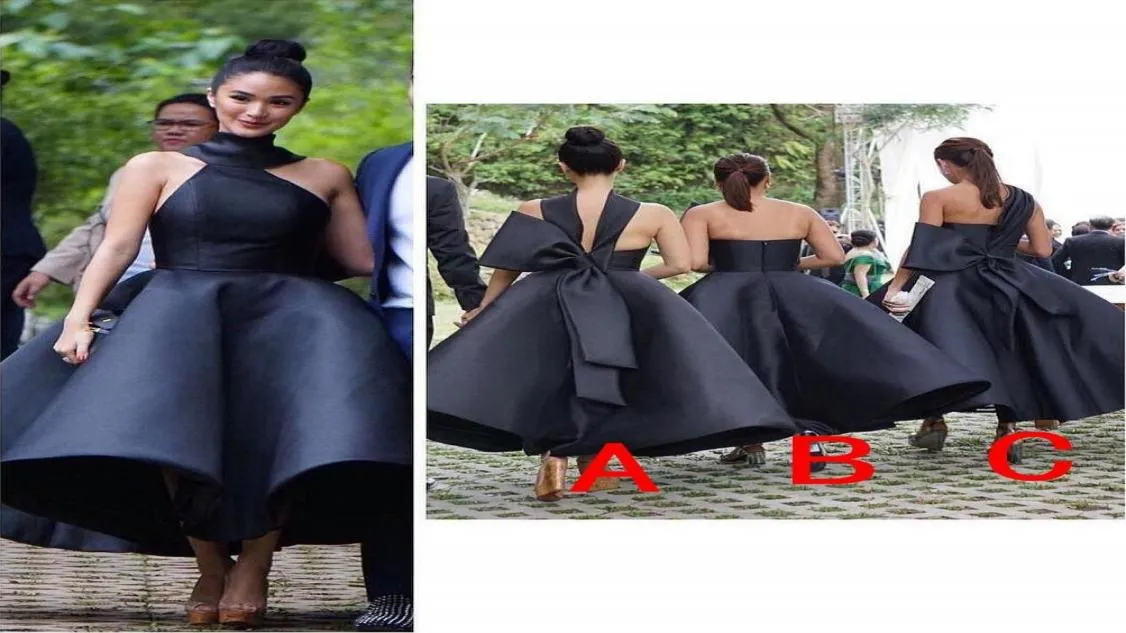 Новый дизайн бальное платье черные платья подружки невесты с открытой спиной и бантом подружка невесты свадебное платье для гостей на заказ выпускной вечер G8022527