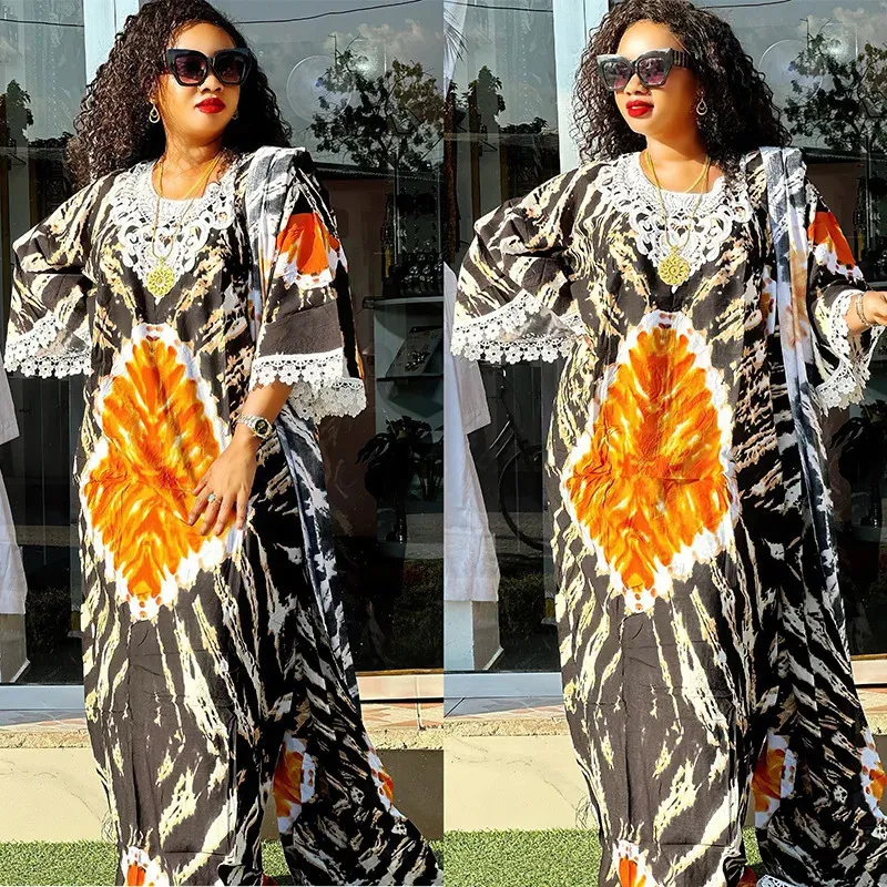 Africa Dress for Women Evening Party Auumm Elegancki nadruk Oneck Maxi muzułmańska moda Abaya Dashiki African Clothing 240309
