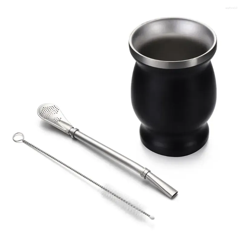 Ensembles de service à thé 8oz Yerba Mate Gourd Set facile à nettoyer tasse en acier inoxydable noir brosse de nettoyage de paille