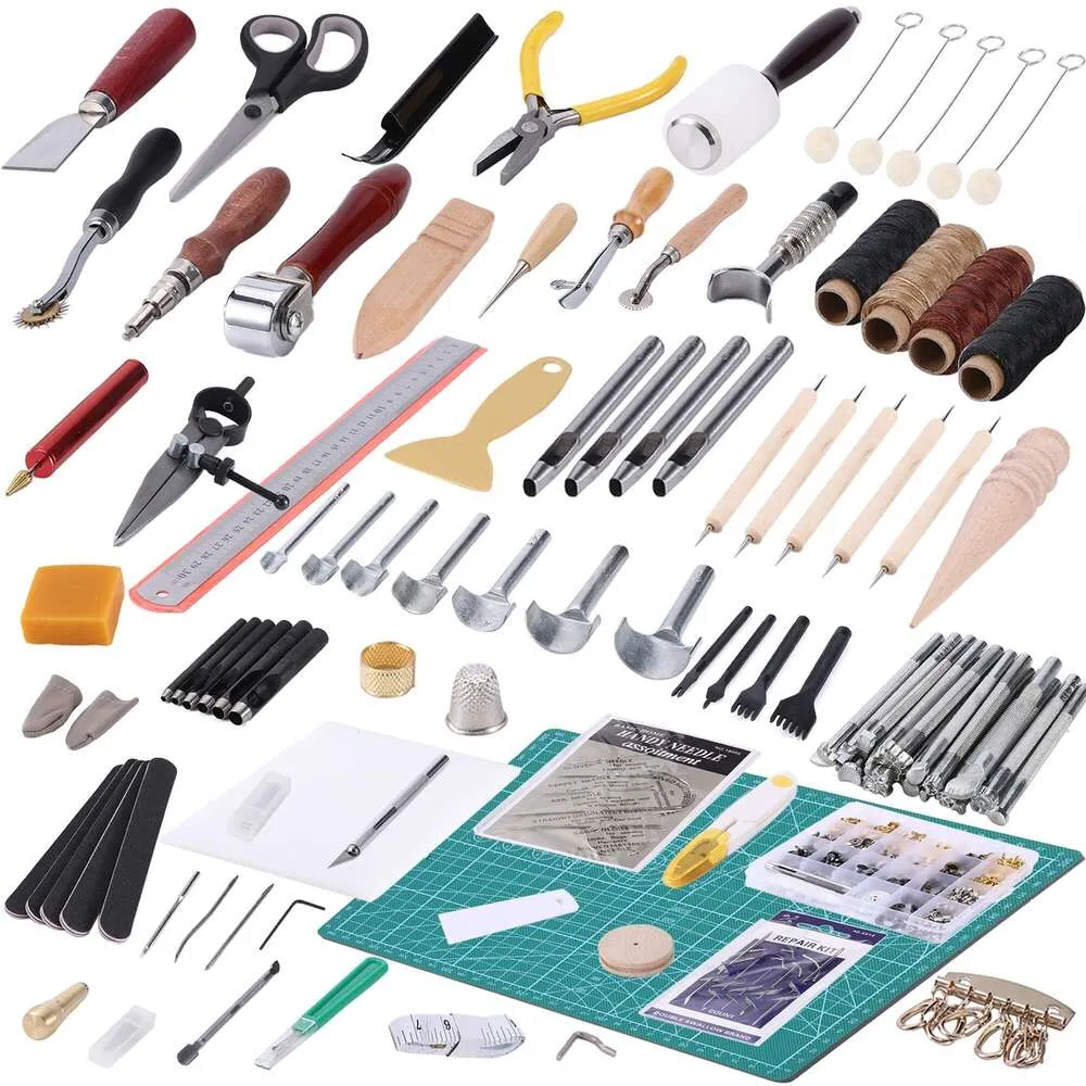 JUNMU Kit d'outils à main professionnels, 372 pièces, outil d'estampage artisanal, poinçon à dents, trou creux, tapis découpé pour œuvres d'art en cuir DIY