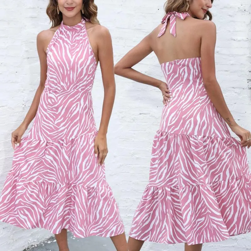 Casual Dresses Spring/Summer Women's Dress Round Neck Sleeveless Hanging Randig Mid Length Pink Sexy Slim