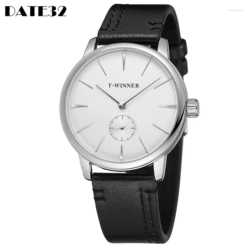 Montres-bracelets Classique Simple Hommes Main Vent Montre Mécanique Mode Noir Et Blanc Reloj Véritable Bande En Cuir Enroulement Mâle Montre-Bracelet Horloge