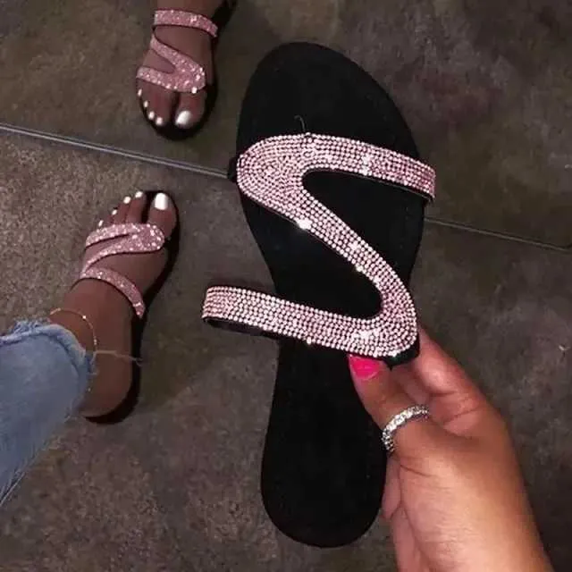 Slippers Sexy Mulheres Sandálias Summer Summer praia de boca rasa Rhinestones Show de moda Fashion Shoes leves Sandalias femininas H24032501