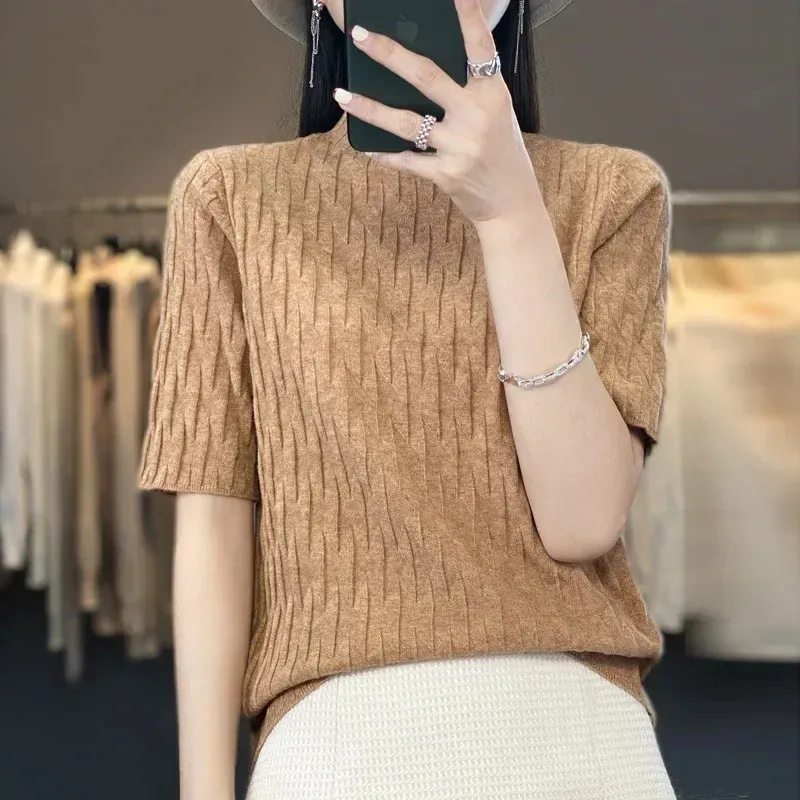 Womens 2023 New Half High Neck Knitted T-shirt Medium Sleeve Sweater Bottom Knitted T-shirt 240320