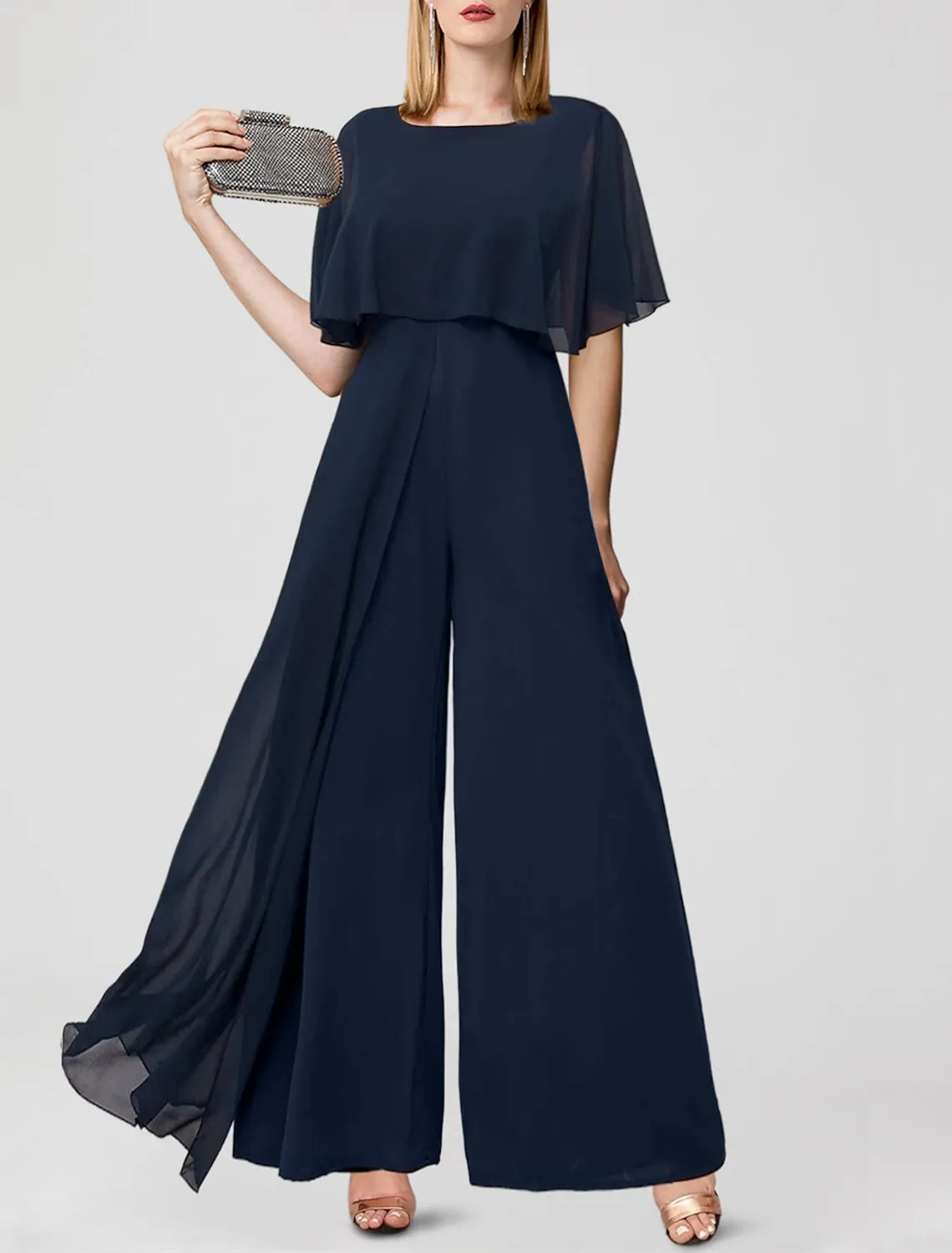 Elegant lång marinblå blå chiffong jumpsuit mor till bruden klänningar a-line spets juvel hals byxor gudmor klänningar formella festklänning golvlängd kvinnor klänningar