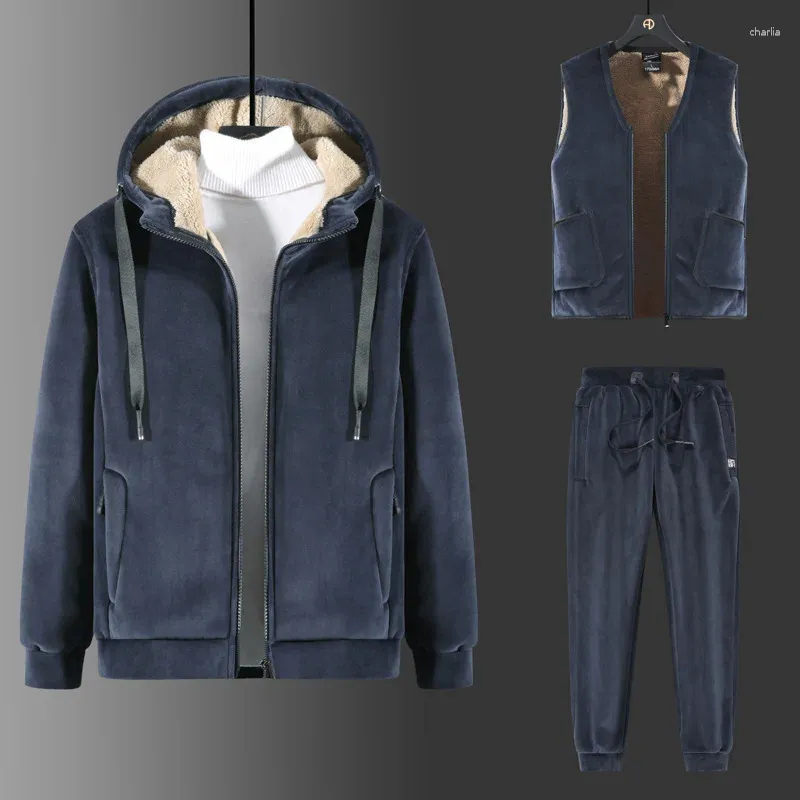 Tracksuits masculinos inverno mais veludo grosso conjunto cordeiro cashmere hoodies coletes calças de três peças conjuntos masculino quente casual lã