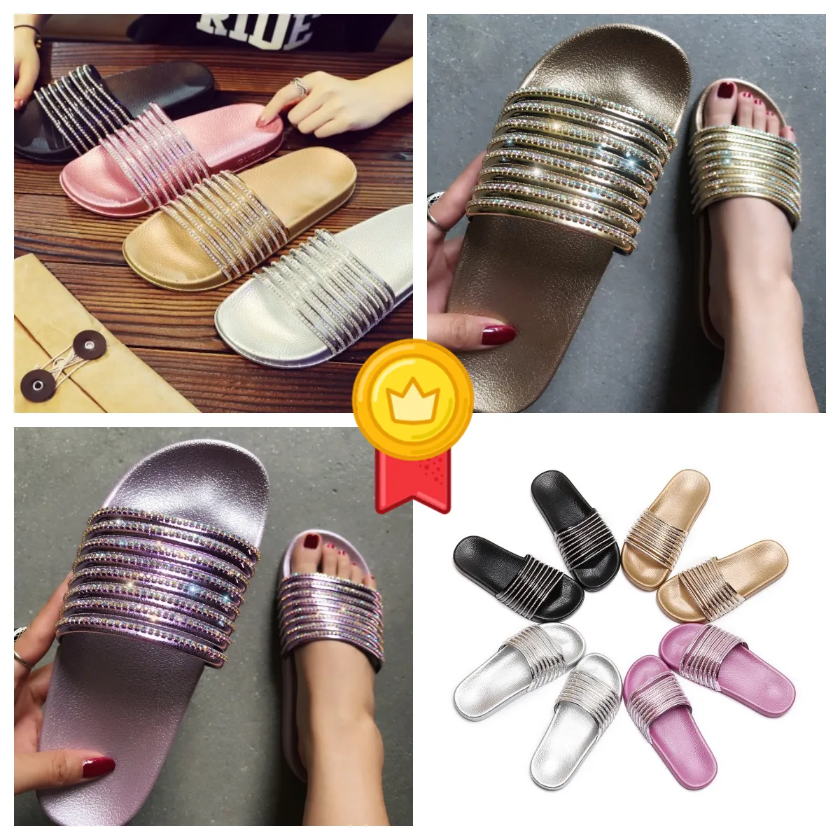 Zapatillas artesanales de verano para mujer con cara brillante Zapatillas refrescantes brillantes Sandalias de fondo plano GAI Brillante Diamante de lujo Moda desgaste Brillante 2024 EVA