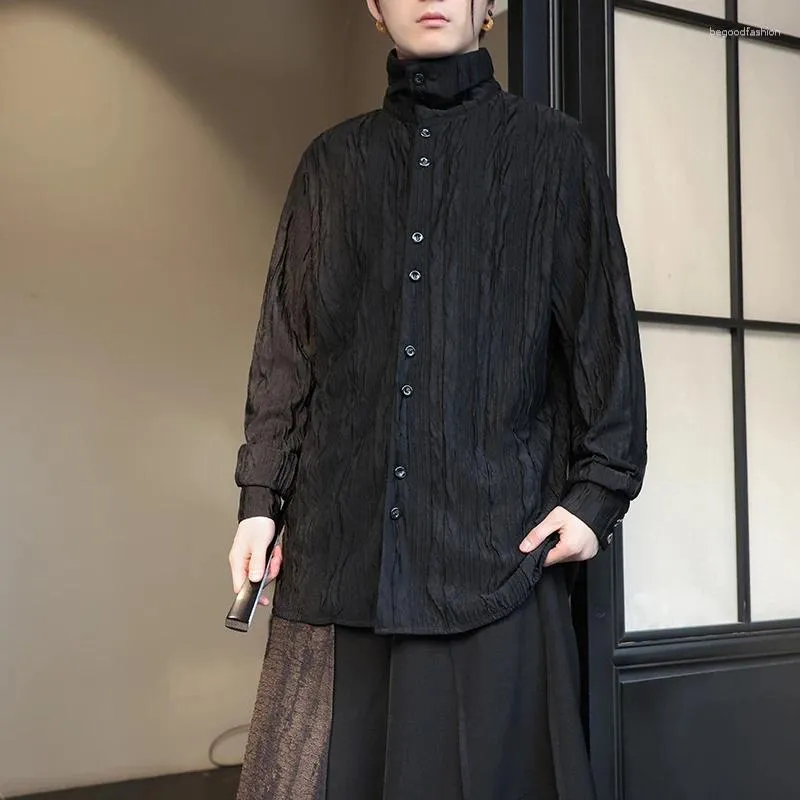 Mannen Casual Shirts Mannen Geplooide Stof Losse Lange Mouw Japanse Harajuku Streetwear Mode Plus Size Blouses Show Kleding