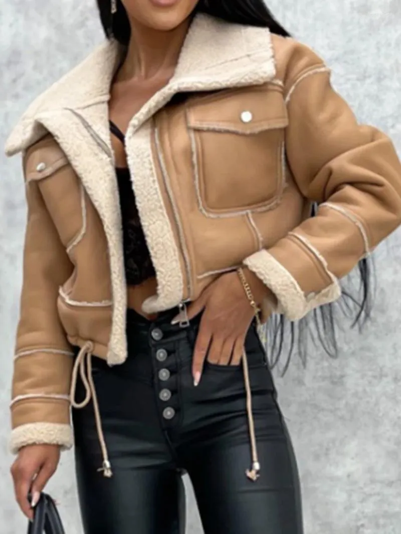 Women's Jackets Fashion Faux Leather Jacket Cropped Tops Fleece Winter Warm Vintage Long Sleeve Coat Lapel Zip Up Outwear With Pockets