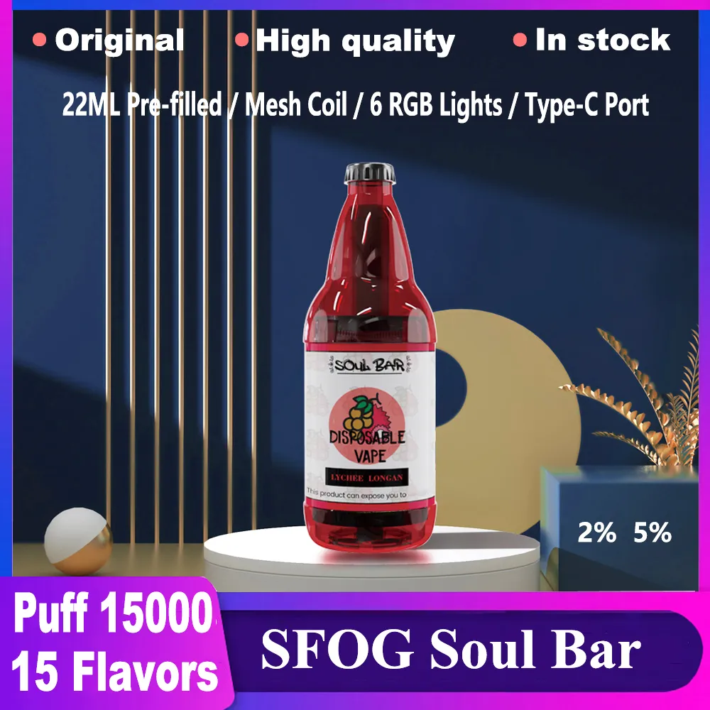 SFOG New Puff 15000 Disponível Vape Soul Bar 15000 Pufos e cigarro 15k Puff 15000 Vaper 22 ml preenchido POD 6 RGB luz