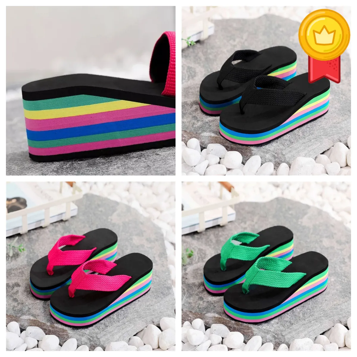 Tofflor kvinnors ensidiga flip flops sommar tjock sula sandaler ytterkläder casual strand gai flip-flo plattform färgglad gladiator tjock regnbåge 36-41