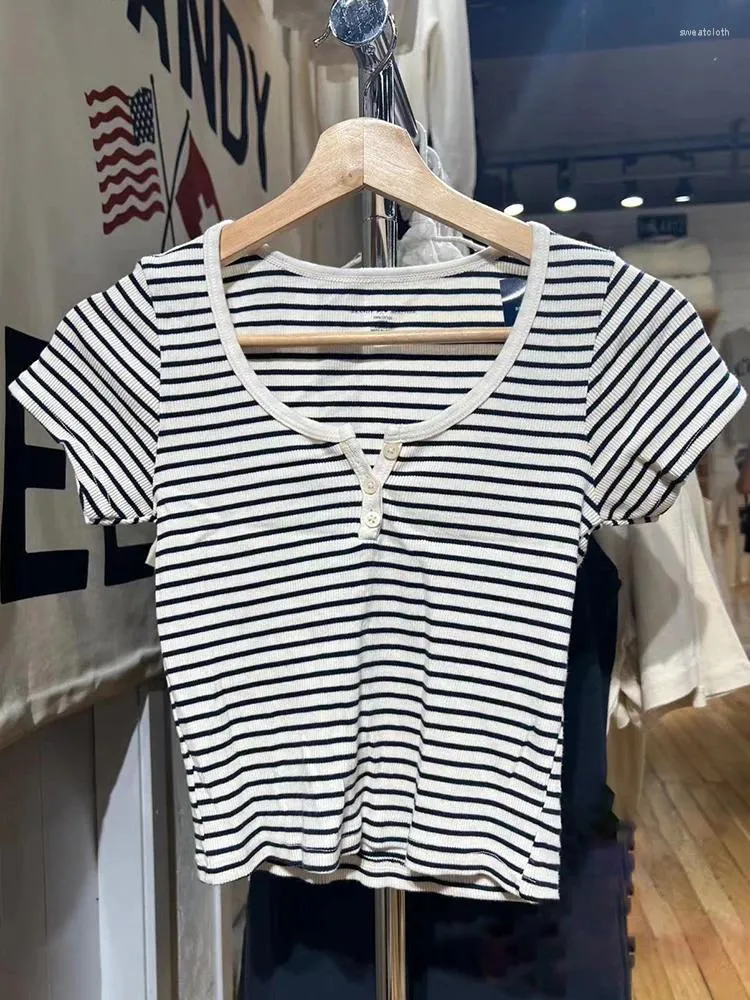 Women's T Shirts Vintage Ribbed Button Striped Shirt Casual Round Neck Cotton Summer Short Sleeve Tees Women Classic Streetwear Slim Crop