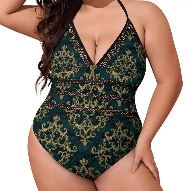 Women's Swimwear Velvet Baroque Print Swimsuit Gold And Green Classic Ruffled One Piece Bodysuit Women Push Up Sexy Beach Wear