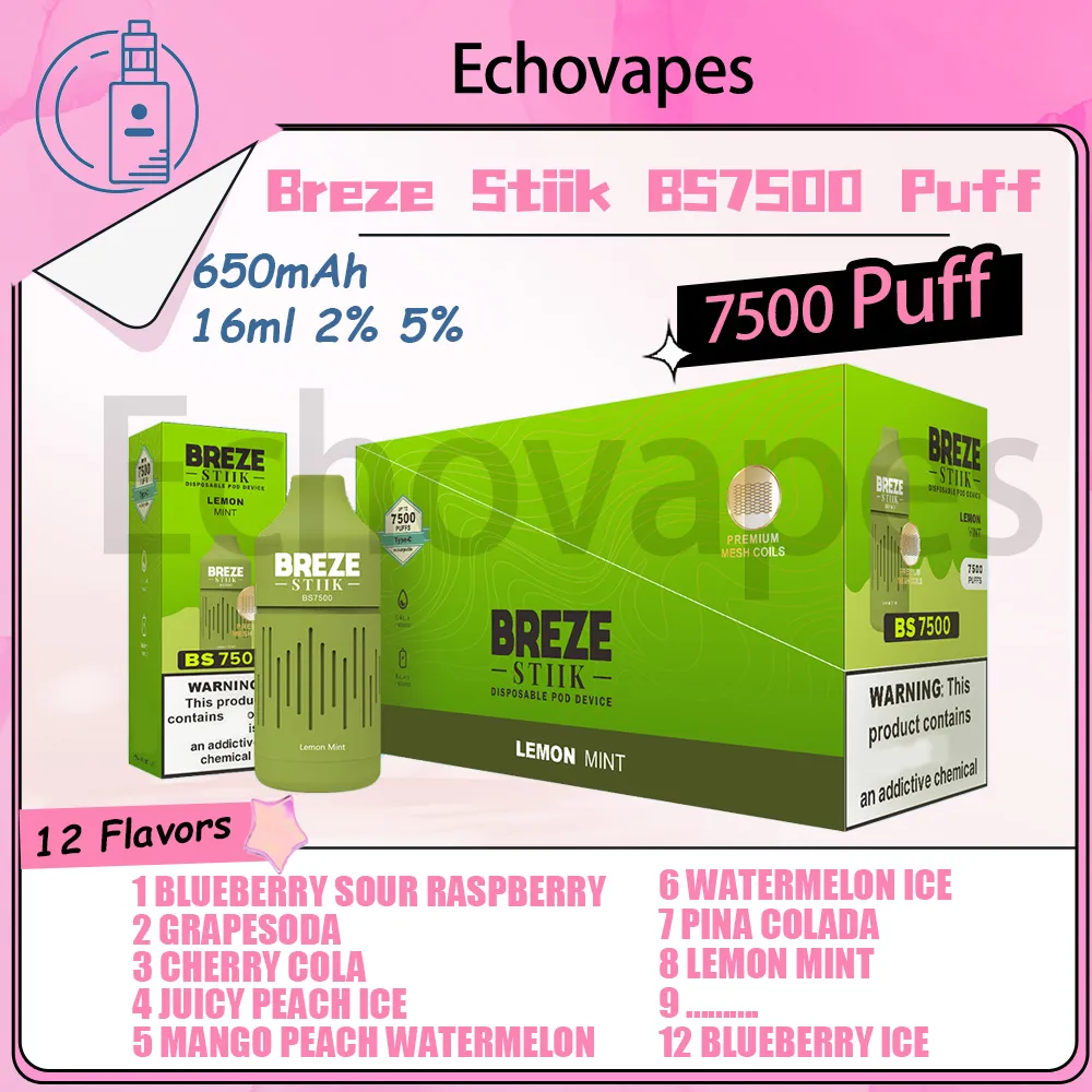 100% Original Breze Stiik BS7500 Puff Disposable E Cigarett Vaper Bar 7500 Puff Battery Power 650mAh Uppladdningsbar 16 ml LED LED -lampor Glöd 12 smaker