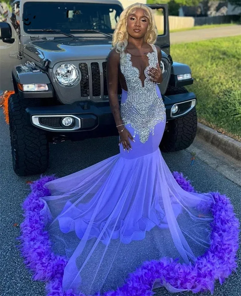 Lavender Purple Lavender mermaid prom dress with Diamond Beading, Rhinestones, and Feathers for Black Girls' Birthday Party