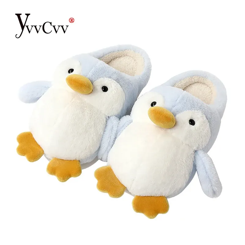 Pantofole yvvcvv carino pinguin fluffy fluff slifori donne calde peluche chiuse peluche slittatori per scivolo per casa 2022 scarpe interne invernali