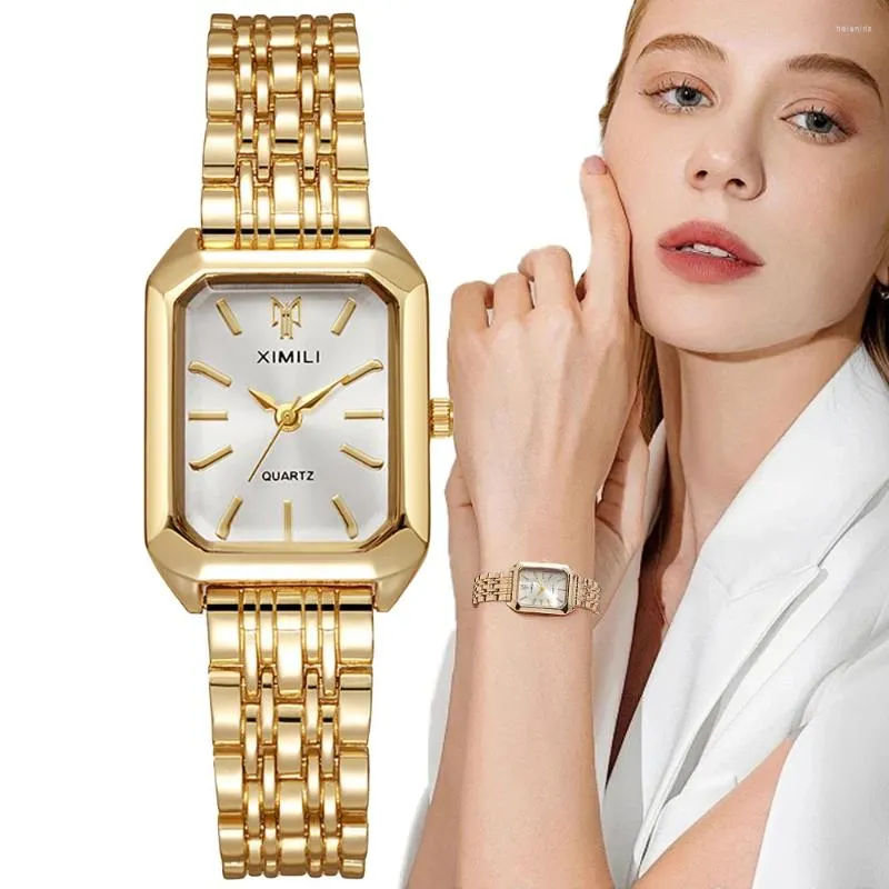 Наручные часы Роскошные женские модные кварцевые часы Простая шкала Квадратные качественные позолоченные женские часы Деловые складные часы из нержавеющей стали