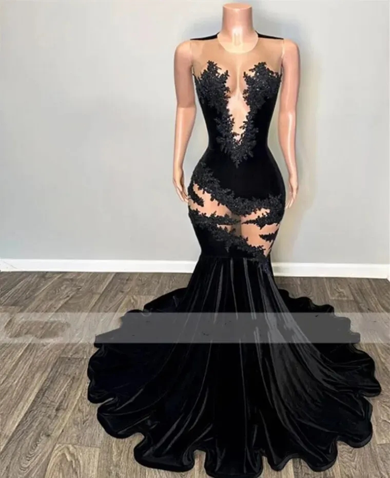 Sexy Black Lace Appliques Mermaid Black Girl Prom Dress 2024 Velvet Beads Sheer Mesh Graduation Formal Party Evening Gowns Robe De Bal