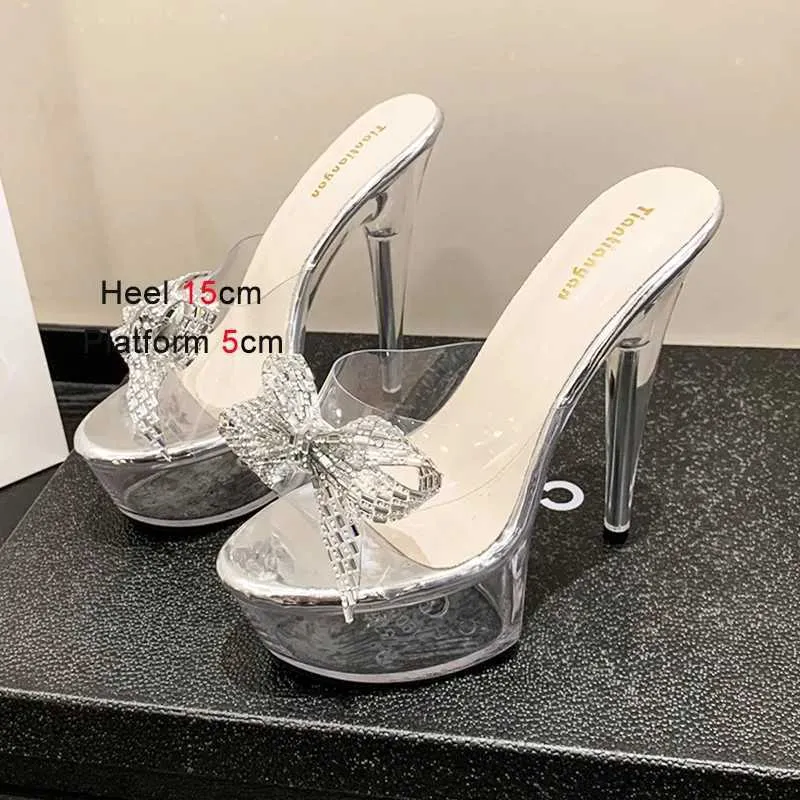 Klänningskor 2023 Summer Transparent Crystal Womens Platform Fashion New tofflor 15cm Ultra High Heels Sandaler Rhinestone Bow Pumpar H240321