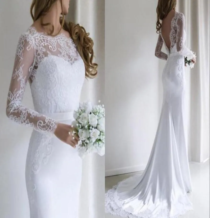 Abiti da ricevimento di nozze eleganti a maniche lunghe economici V backless Lace Illusion Designer Abiti da sposa Abito da sposa Abito da sposa7535970