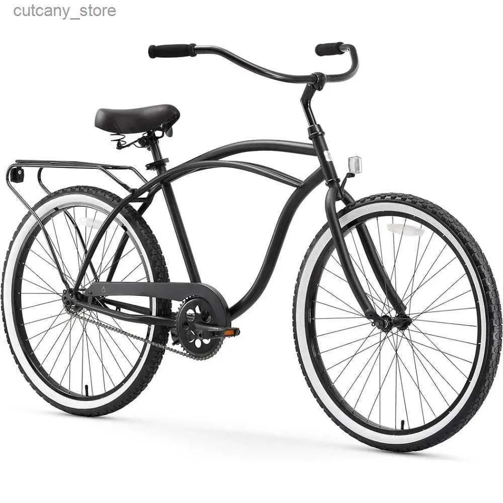 Bikes Ride-Ons Mens Beach Cruiser Bike Sing Hız Adım Adım Yüzbaşı Touring Touring Hybrid Bicyc Arka Raf 26 inç Tekerlekler Mat Siyah L240319