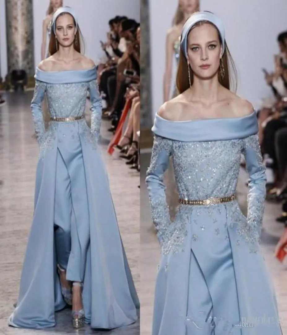 Elie Saab Najnowsze suknie wieczorowe kombinezonu Bateau Neck Długie rękaw Suknia koronkowa Aplikacja Sash Orsekrits Custom Made Formal Part4023689