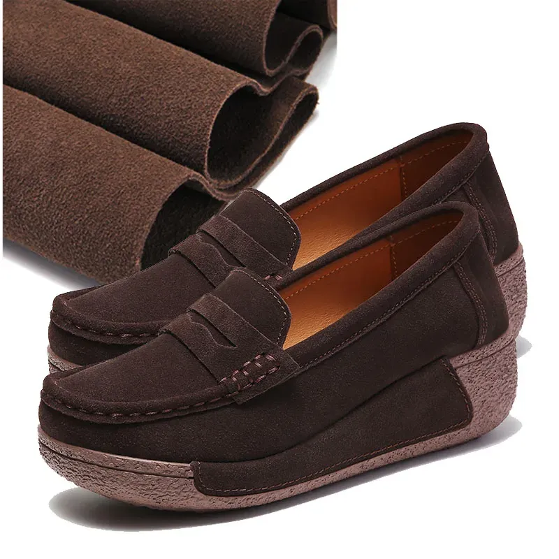 Pompe Eagsity 12 stile 100% in pelle scamosciata Cow Sueve Women Shoes Loafrers Wedges Platform Platform Slip on Shoes Sneaker