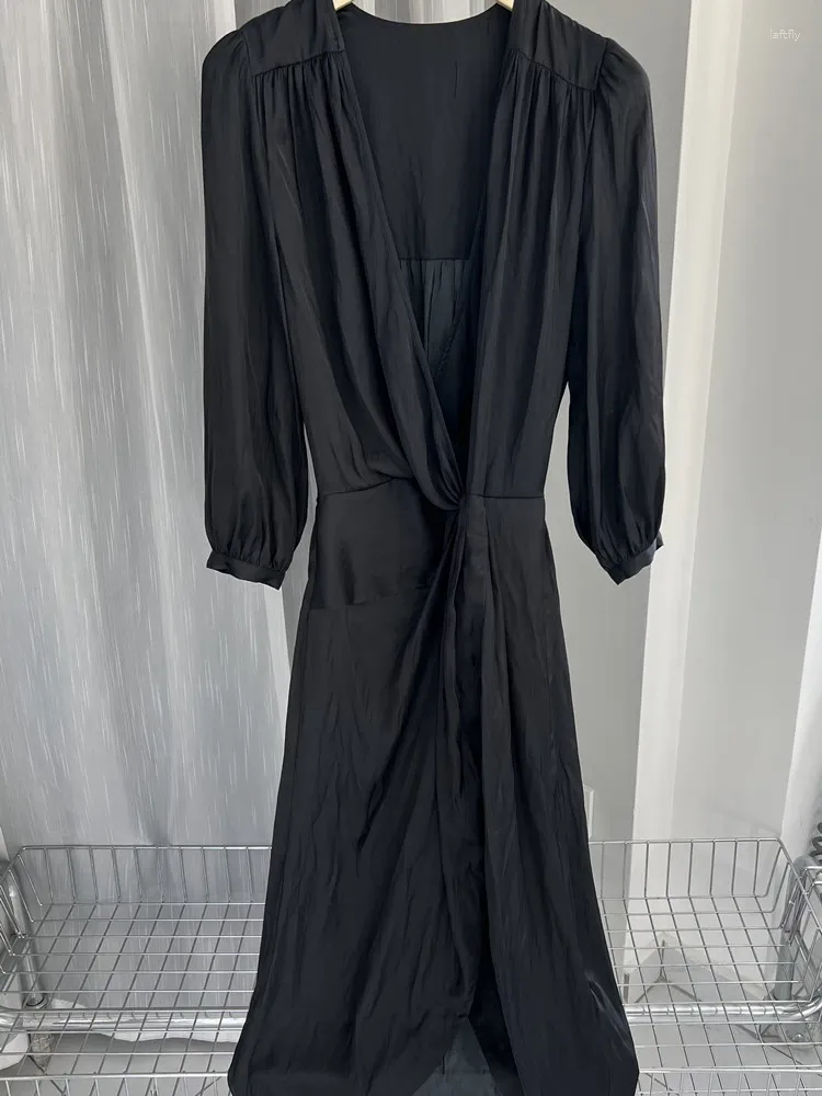 Casual Dresses 2024 Autumn Women Deep V Pleated Robes Black Satin Fashion Long Sleeve Female Elastic Waist Midi Dress